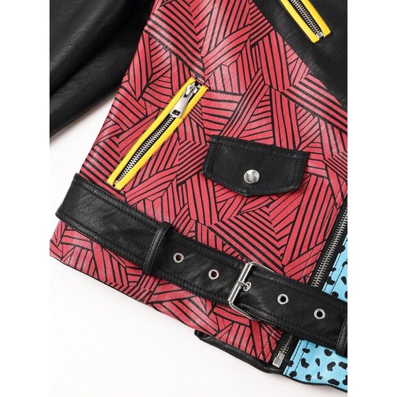 Women Faux Leather Motorcycle Jacket Multicolor Stand Collar with Pockets Coat - Picture 5 of 5